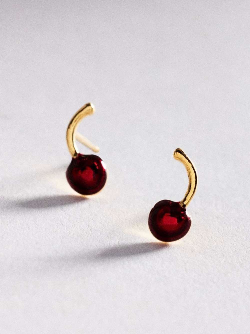 Gold Cherry Stud Earrings in Deep Red